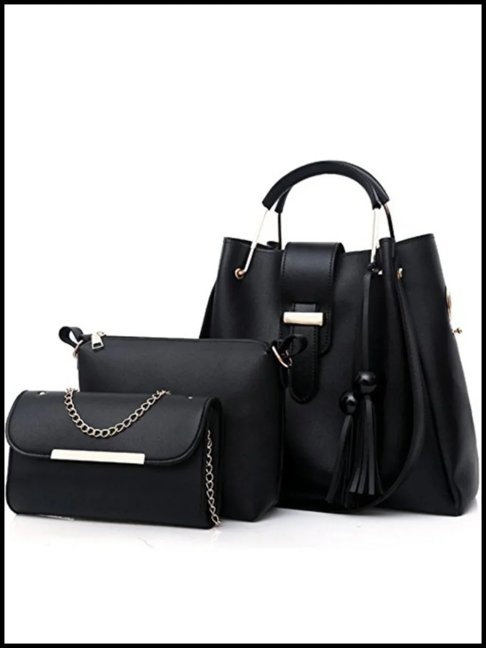 3 Pc PU Leather Tassel Tote Clutch Satchel Set Top Handle Shoulder Crossbody